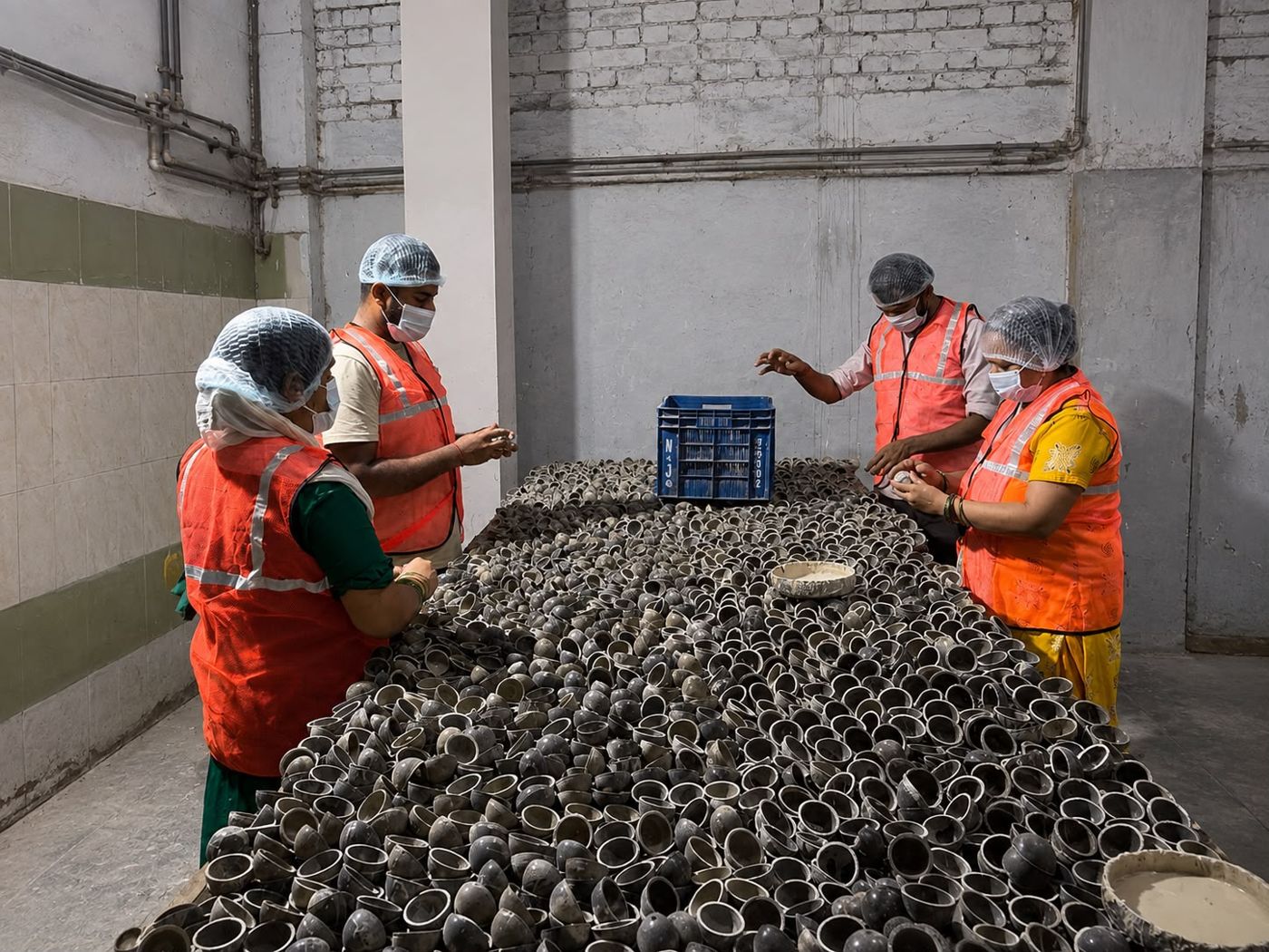 Four workers joining rubber cups into ball cores at a long table